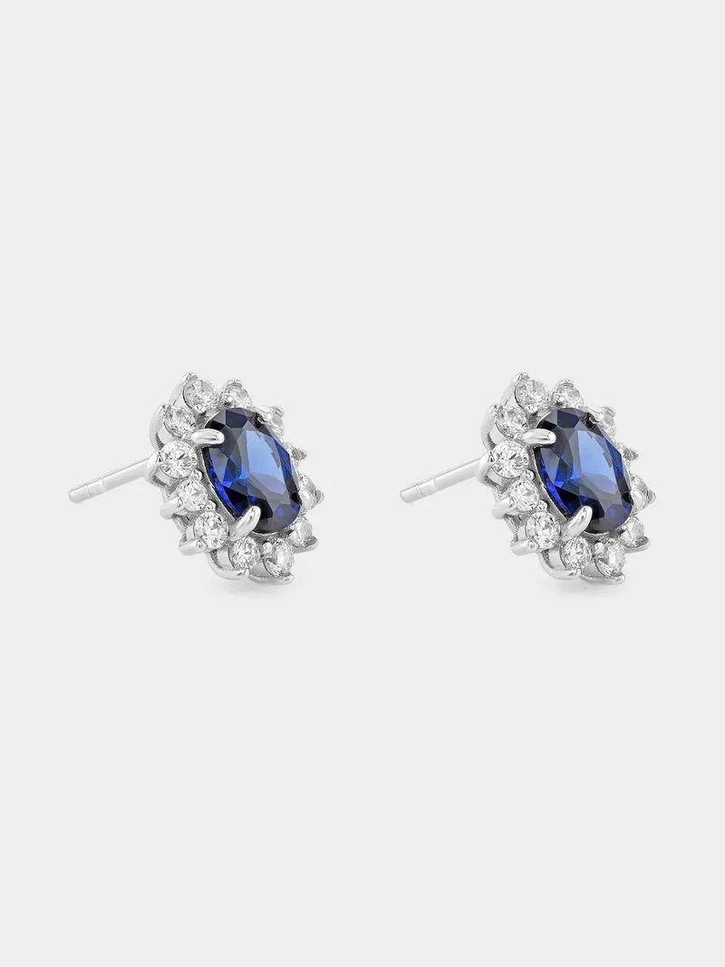 Sterling Silver Blue Cubic Zirconia Oval Halo Stud Earrings