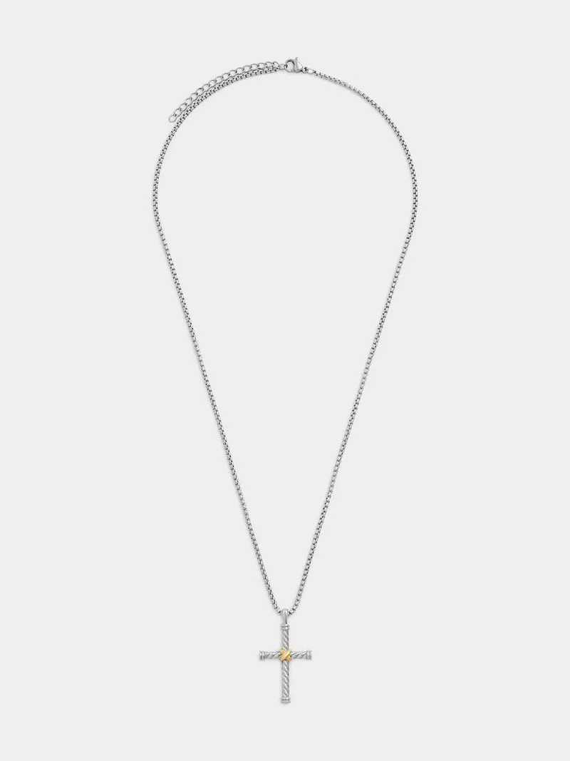 Men's Icon Silver Stainless Steel Rope Cross Pendant - 55cm