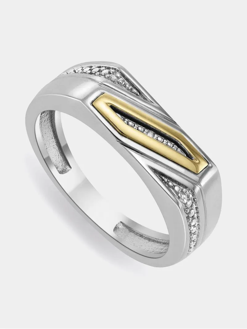 5ct Yellow Gold & Sterling Silver Men's Diamond Geometric Design Dress Ring
