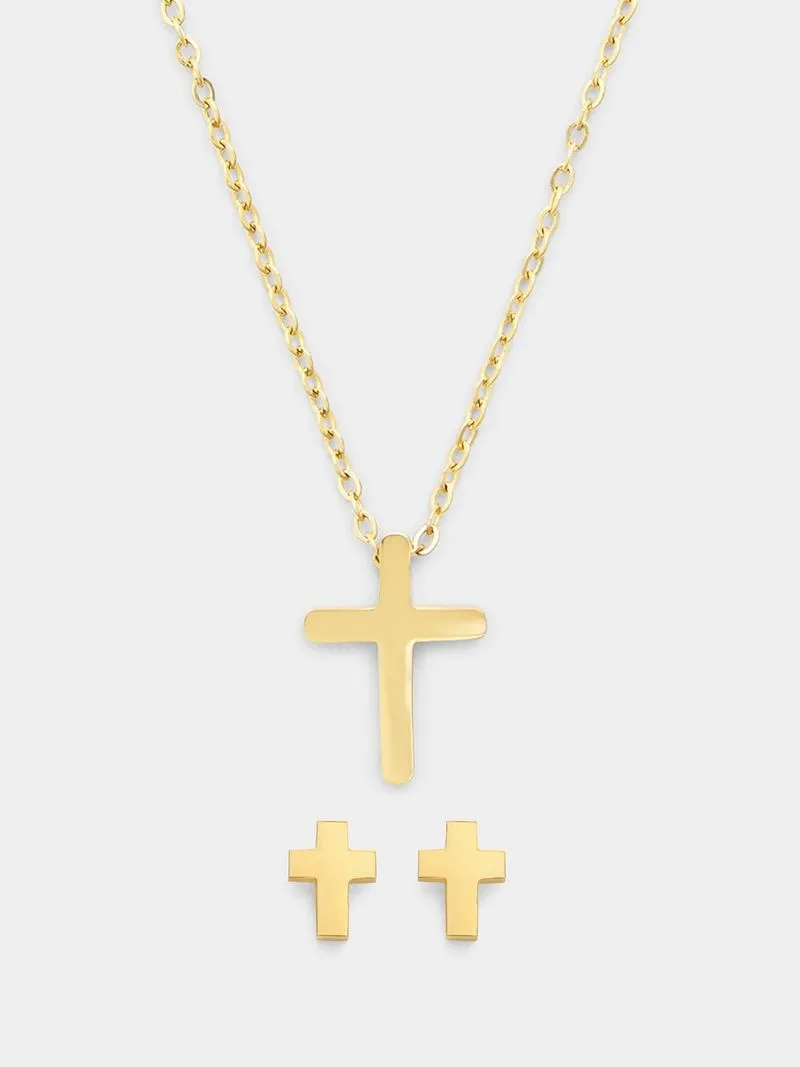 Gold Tone Stainles Steel Cross Pendant & Cross Stud Set