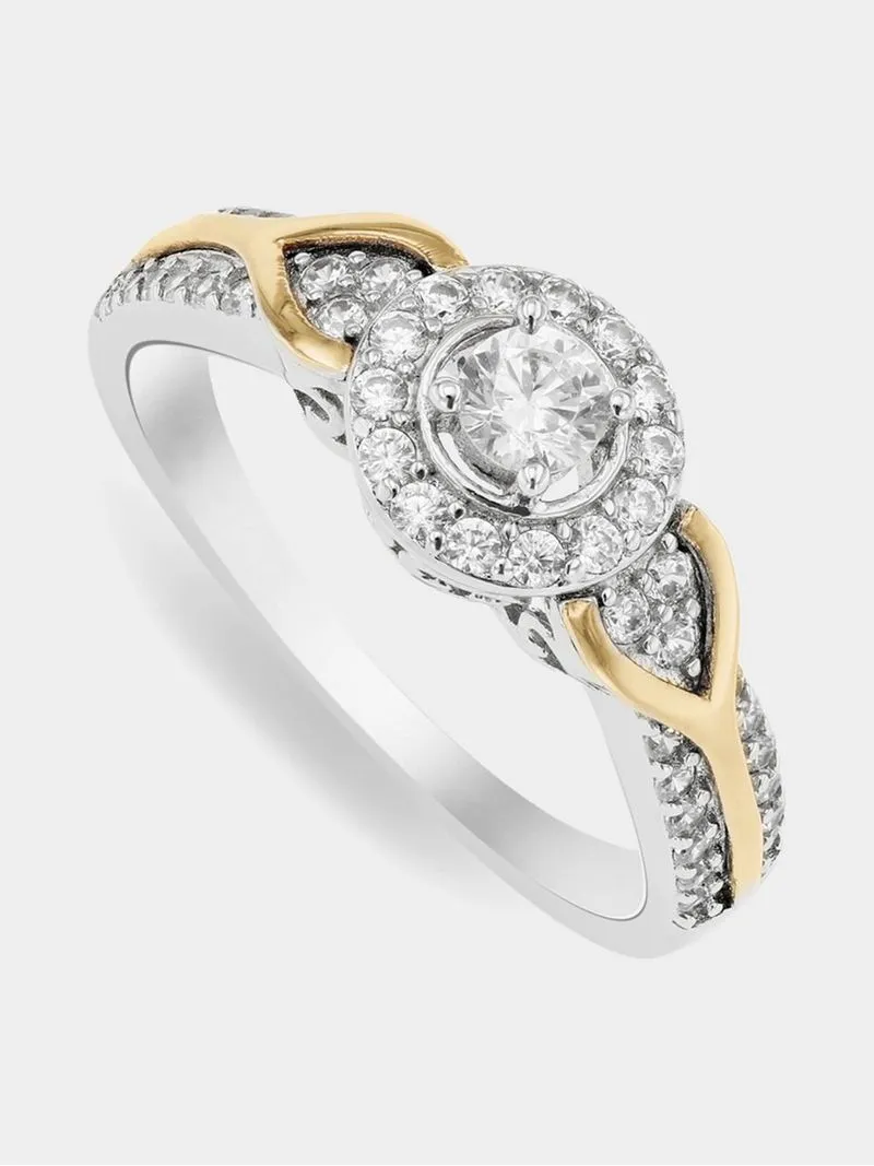 Sterling Silver and Yellow Gold, Cubic Zirconia Wishbone Ring
