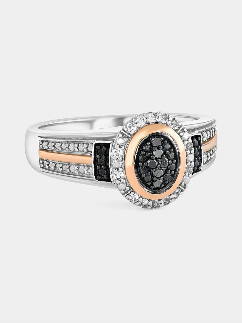Rose Gold & Sterling Silver Black Diamond Oval Halo Ring