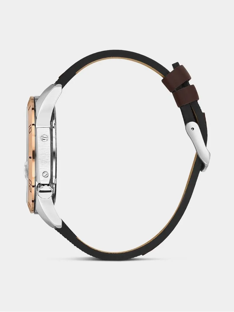 Daniel Klein Silver & Rose Plated Brown & Black Leather Watch