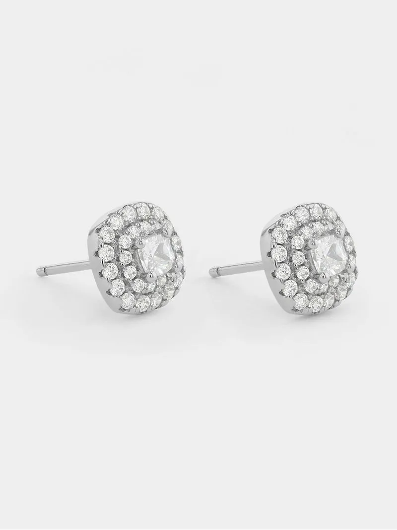 Sterling Silver Cubic Zirconia Double Halo Cushion Stud Earrings