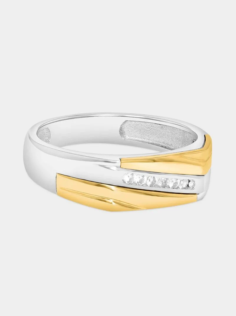 Yellow Gold & Sterling Silver Diamond Diagonal Strokes Ring