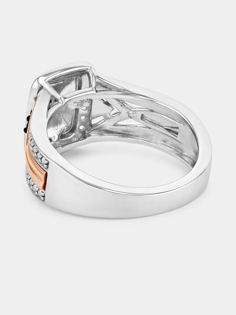 Rose Gold & Sterling Silver Black Diamond & Craeted Sapphire Rectangle Halo Ring