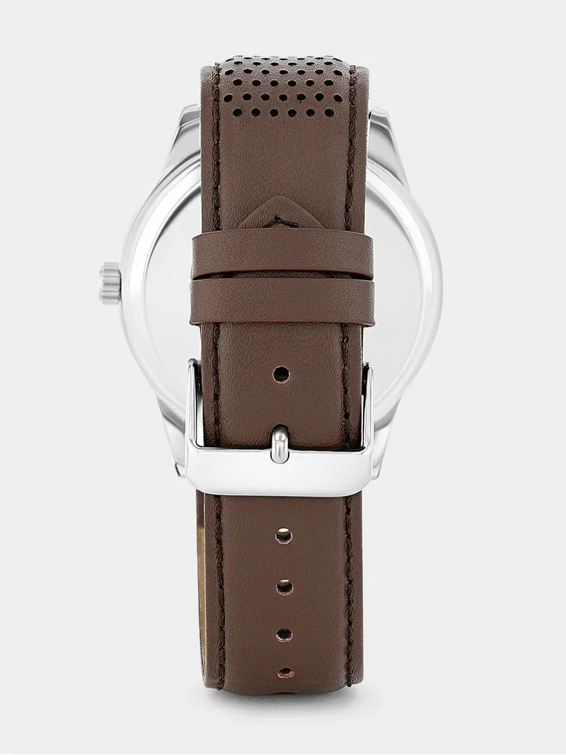Tempo Men’s Silver Plated Beige Dial Brown Leather Watch