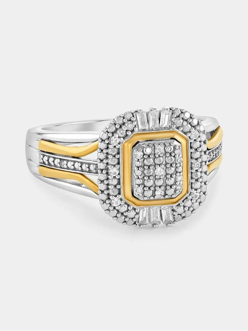 Yellow Gold & Sterling Silver Diamond & Created Sapphire Rectangle Halo Ring