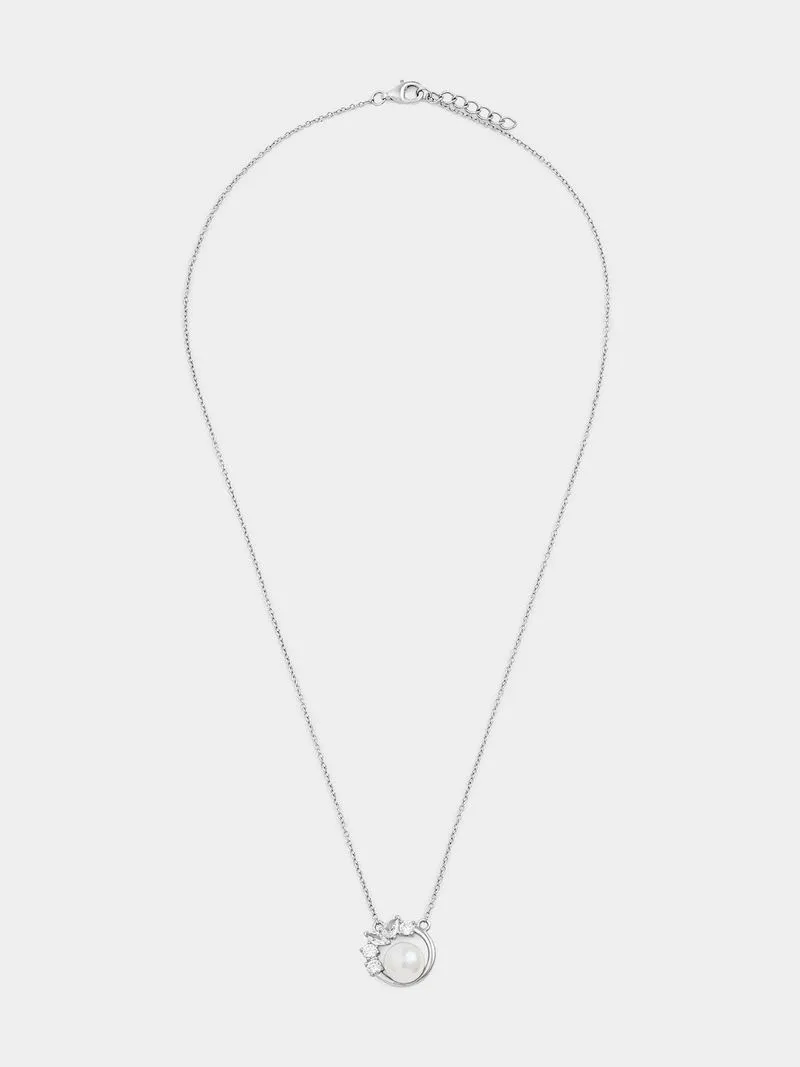 Sterling Silver Freshwater Pearl Cubic Zirconia Circle Pendant