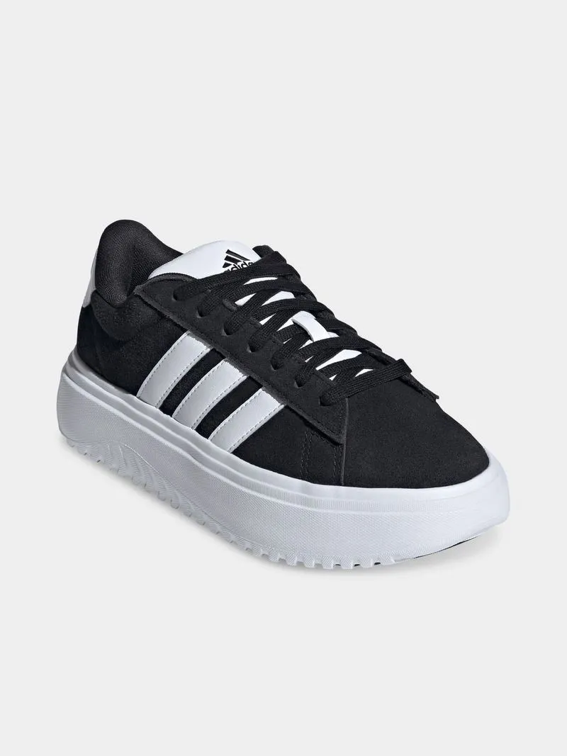 Womens adidas adidas Grand Court Suede Black/White Platform Sneakers