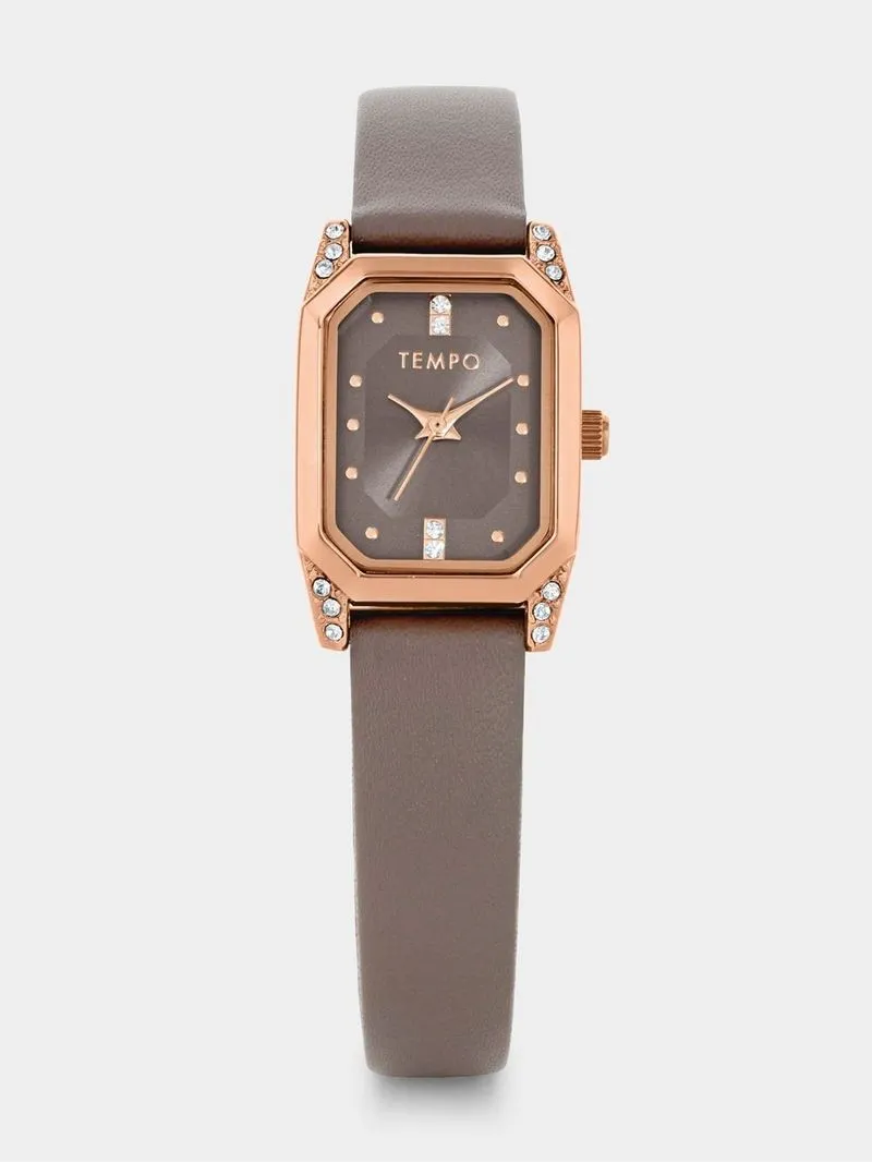 Tempo Women’s Rose Plated Taupe Dial Taupe Leather Watch