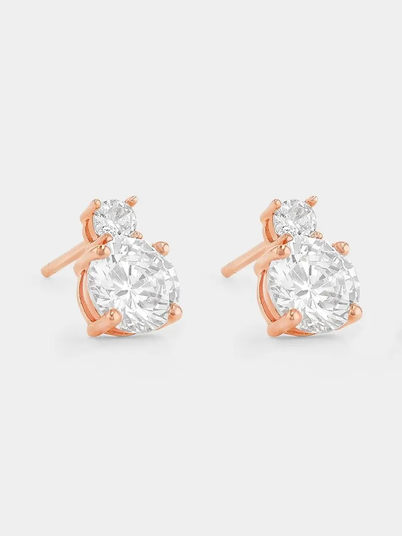 Rose Plated Sterling Silver Cubic Zirconia Two-Stone Stud Earrings