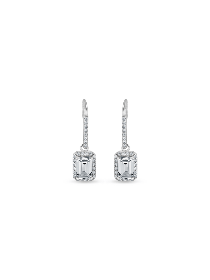 Sterling Silver Cubic Zirconia Women’s Emerald-Cut Halo Drop Earrings