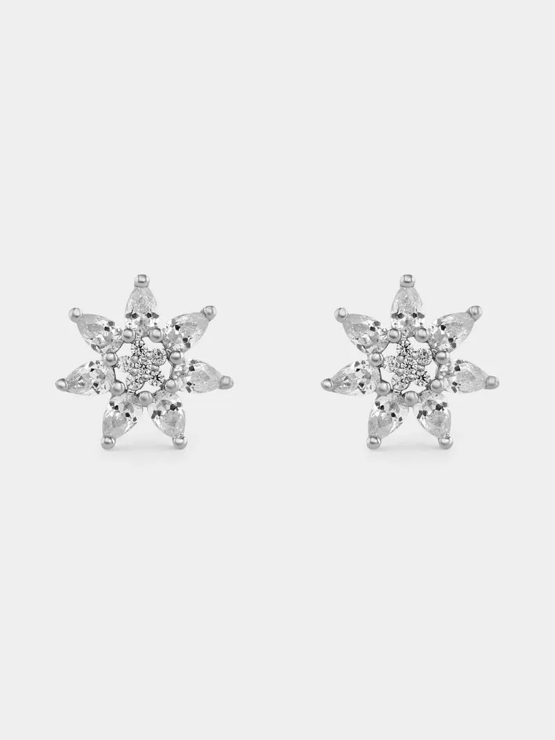 Sterling Silver Cubic Zirconia Flower Stud Earrings
