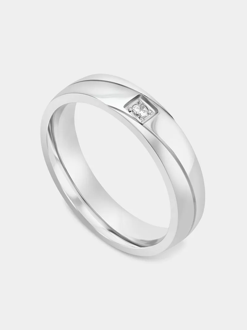 Stainless Steel Cubic Zirconia Solitaire Diagonal Ring