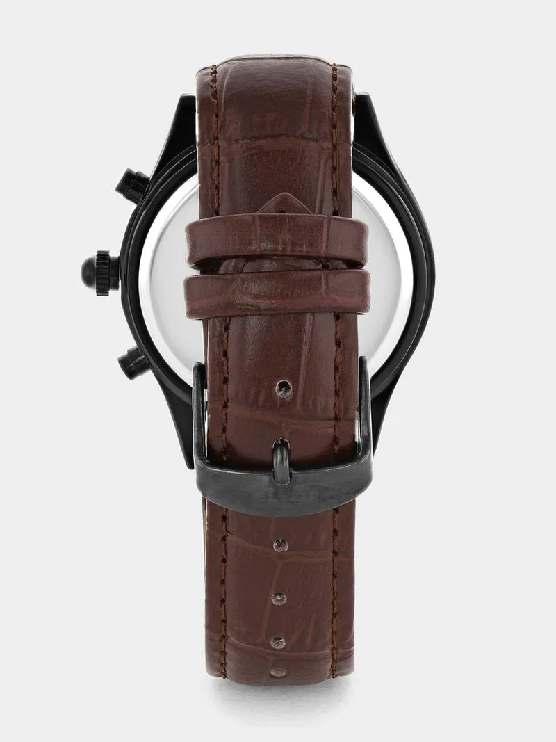 Tempo Black Plated Black Dial Brown Leather Watch