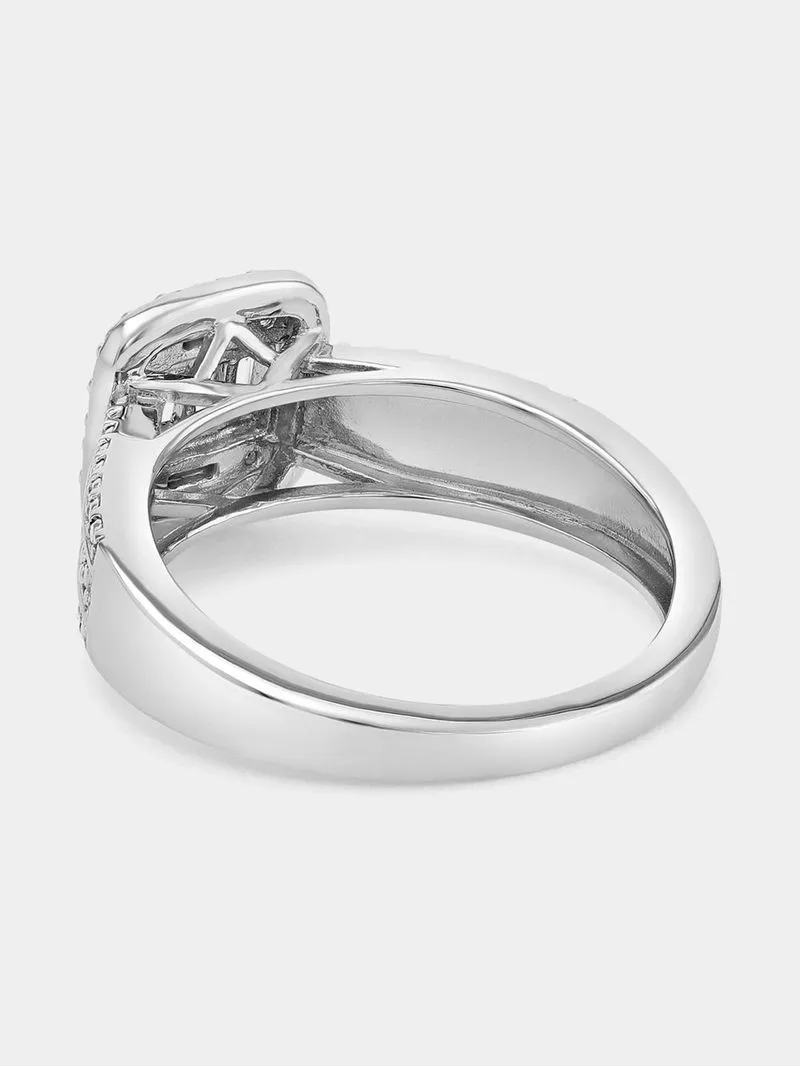 White Gold Diamond & Created Sapphire Cushion Baguette Ring