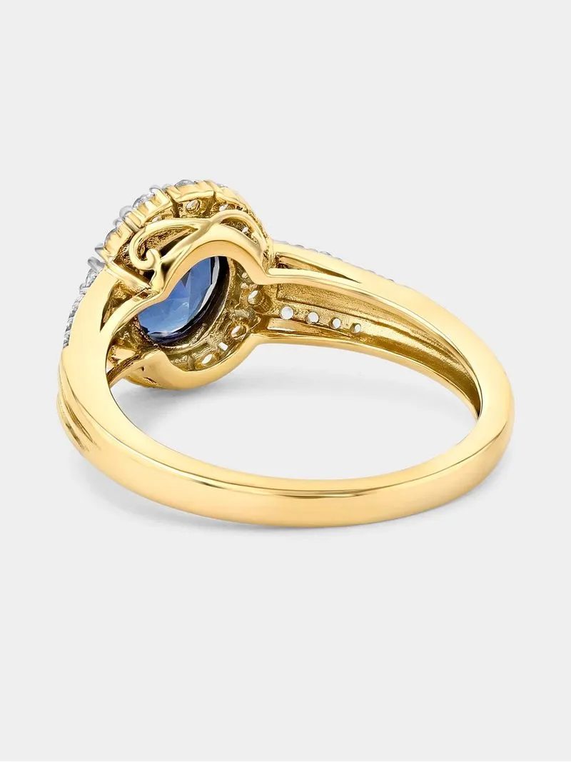 Yellow Gold Diamond & Created Blue Sapphire Oval Halo Ring