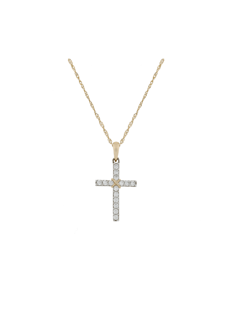 Yellow Gold & Sterling Silver, Cubic Zirconia Cross pendant on a chain