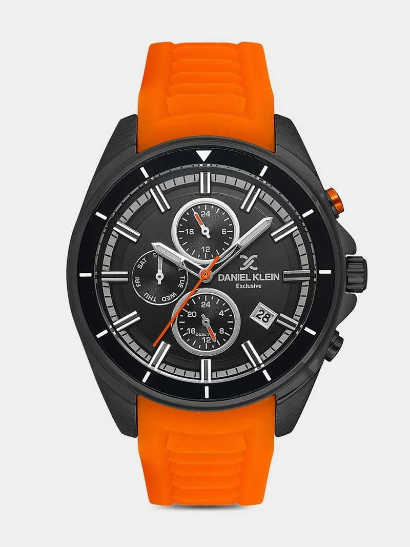 Daniel Klein Black Plated Black Dial Chronographic Orange Silicone Watch