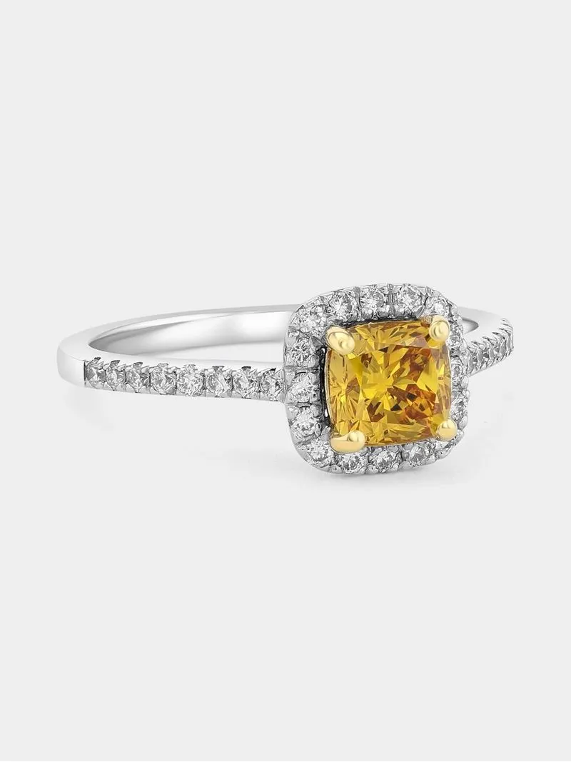 White Gold 1ct Yellow Lab Grown Diamond Women’s Cushion Halo Ring