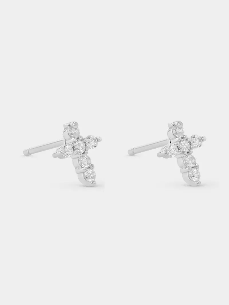 Sterling Silver Cubic Zirconia Cross Stud Earrings