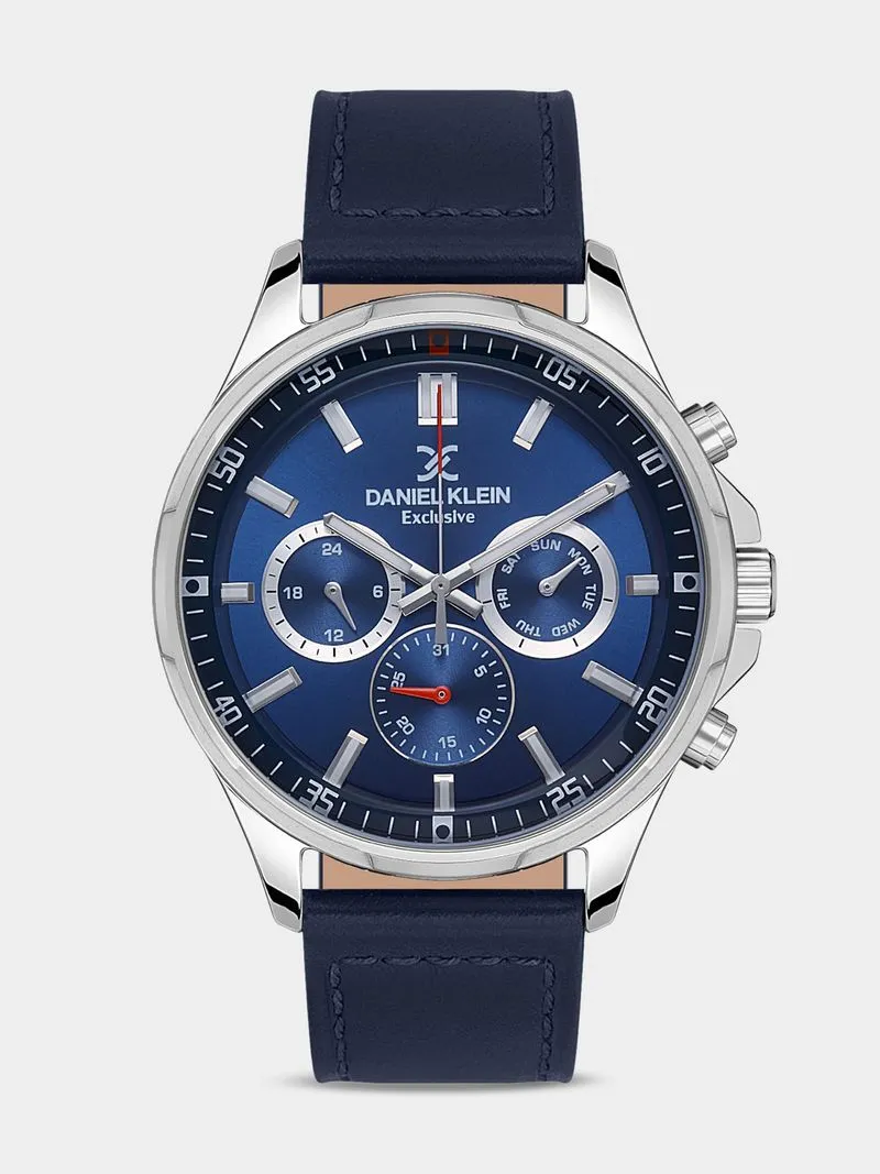 Daniel Klein Silver Plated Blue Leather Chronographic Watch