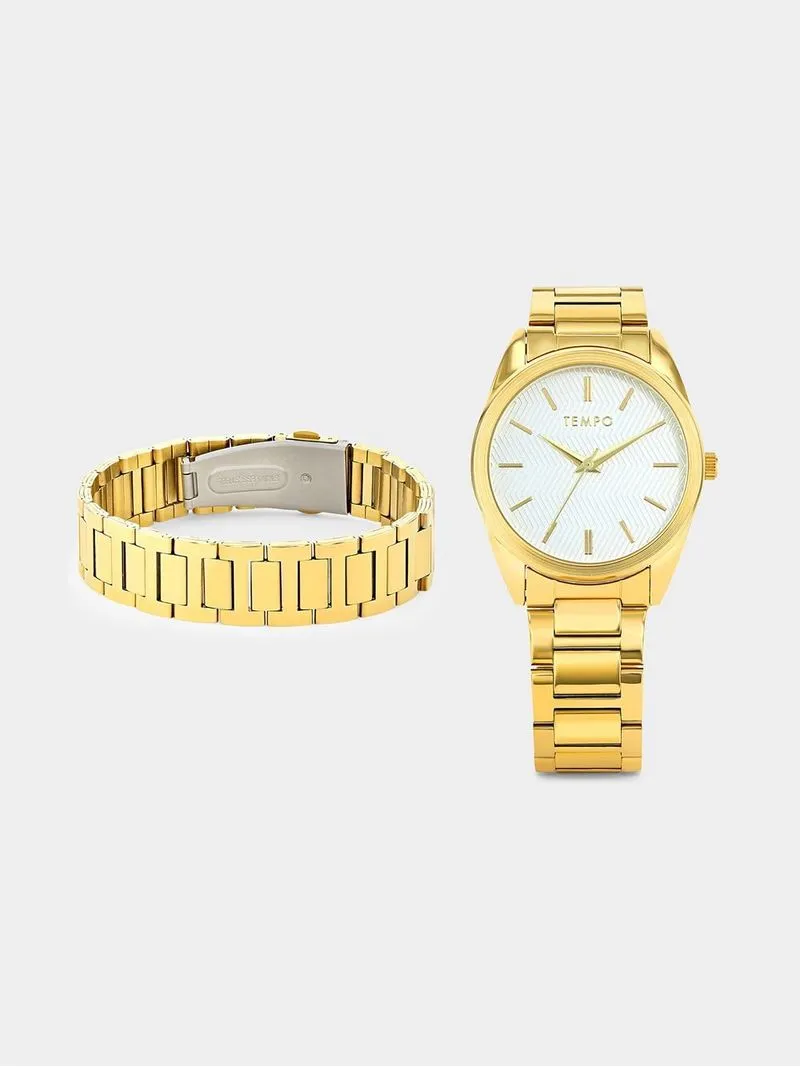 Tempo Men’s Gold Plated Bracelet Watch & Bracelet Set