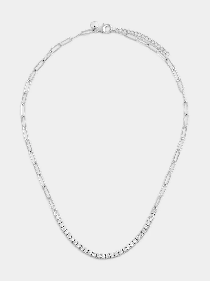 Sterling Silver Cubic Zirconia Paperclip Link Tennis Necklace