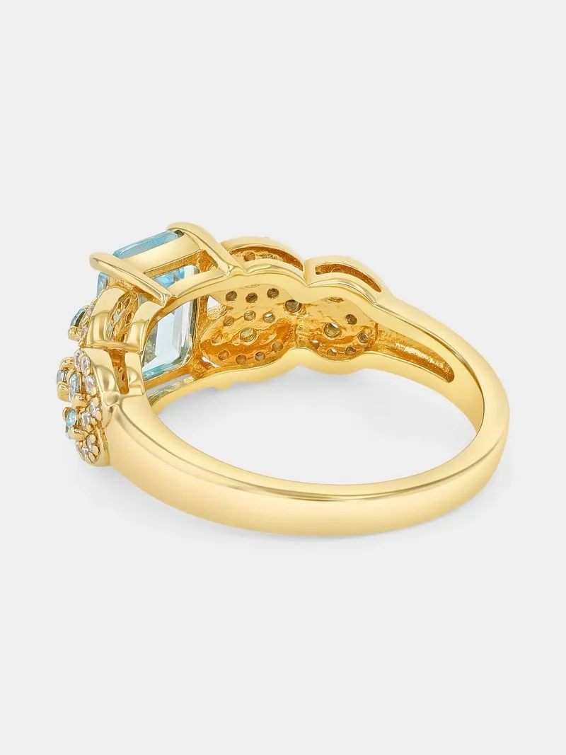 Gold Plated Sterling Silver Aquamarine Cubic Zirconia Emerald-Cut Ring