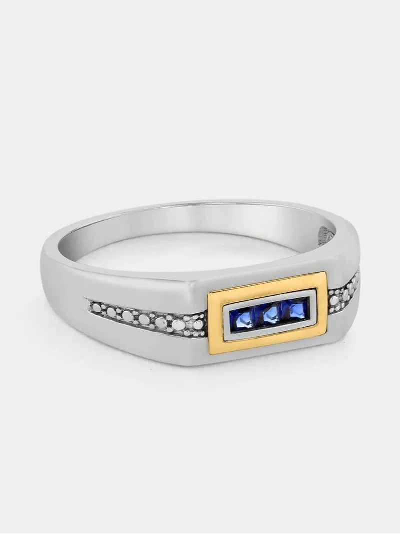 Silver & Yellow Gold Created Blue Sapphire Men's Ring
