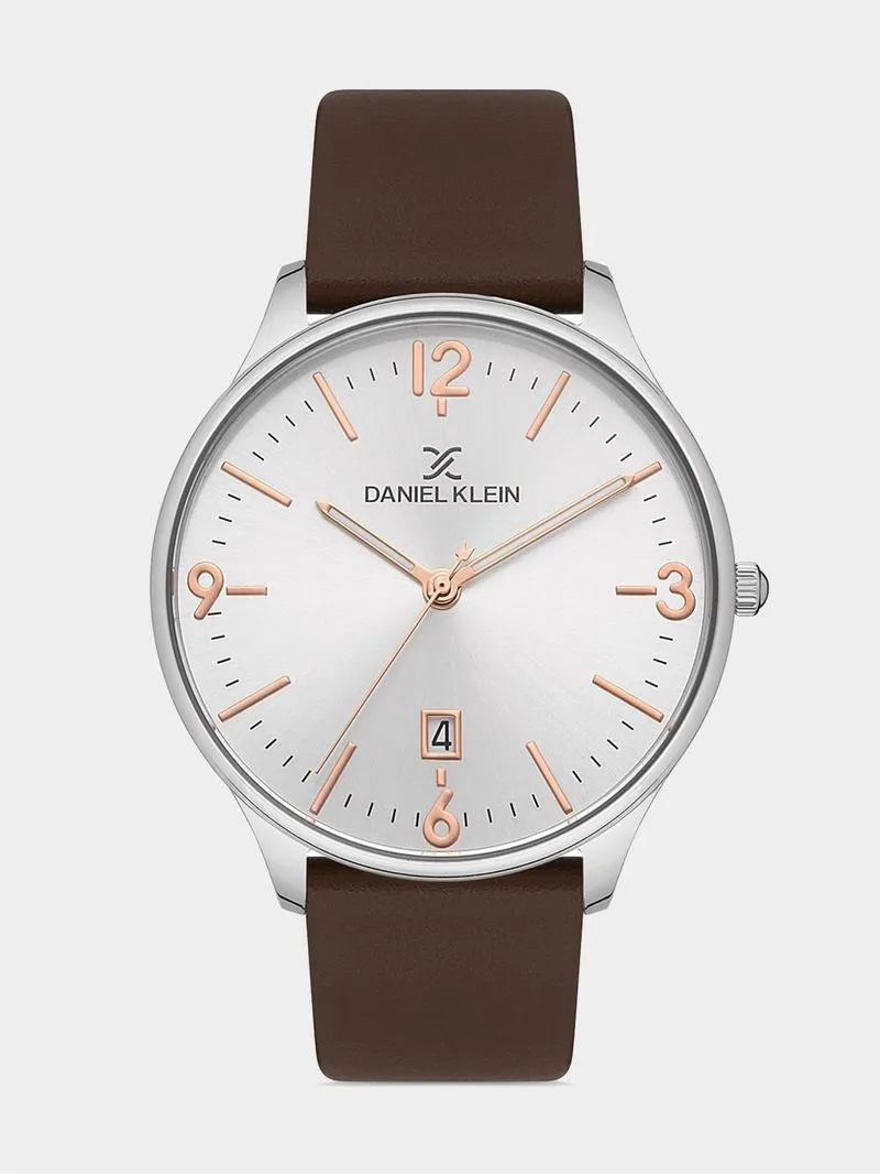 Daniel Klein Silver Plated White Dial Brown Leather Watch