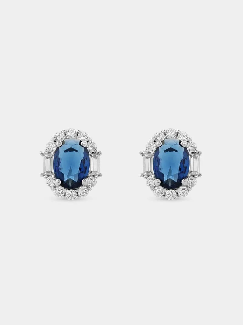 Sterling Silver Sapphire Blue Cubic Zirconia Oval Halo Stud Earrings