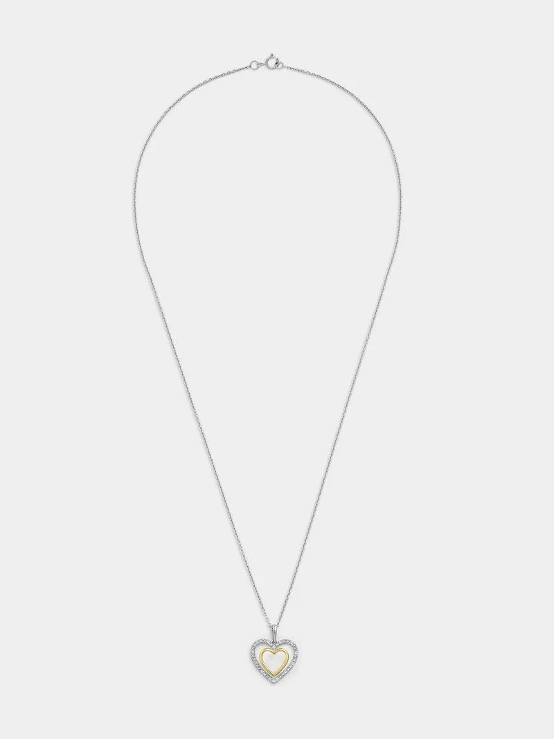 Yellow Gold & Sterling Silver Diamond & Created Sapphire Double Open Heart Pendant
