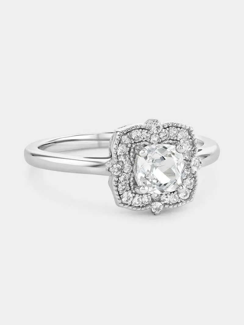 Sterling Silver Diamond & Created Sapphire Cushion Halo Ring