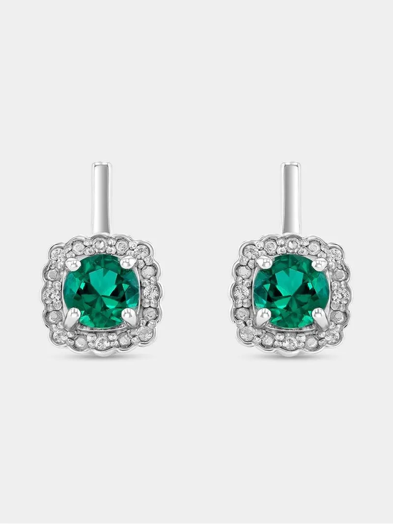 Sterling Silver Diamond & Created Emerald Cushion Halo Stud Earrings