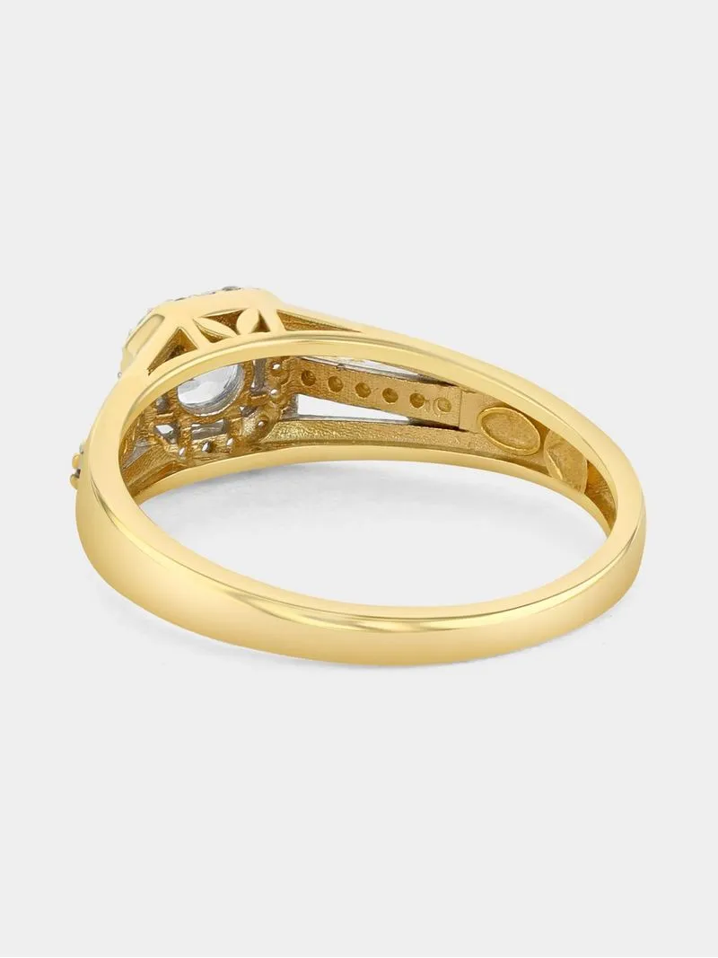 Yellow Gold Diamond & Created Sapphire Cushion Halo Ring