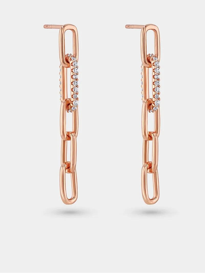 Rose Gold Plated Cubic Zirconia Women’s Paperclip Link Drop Earrings