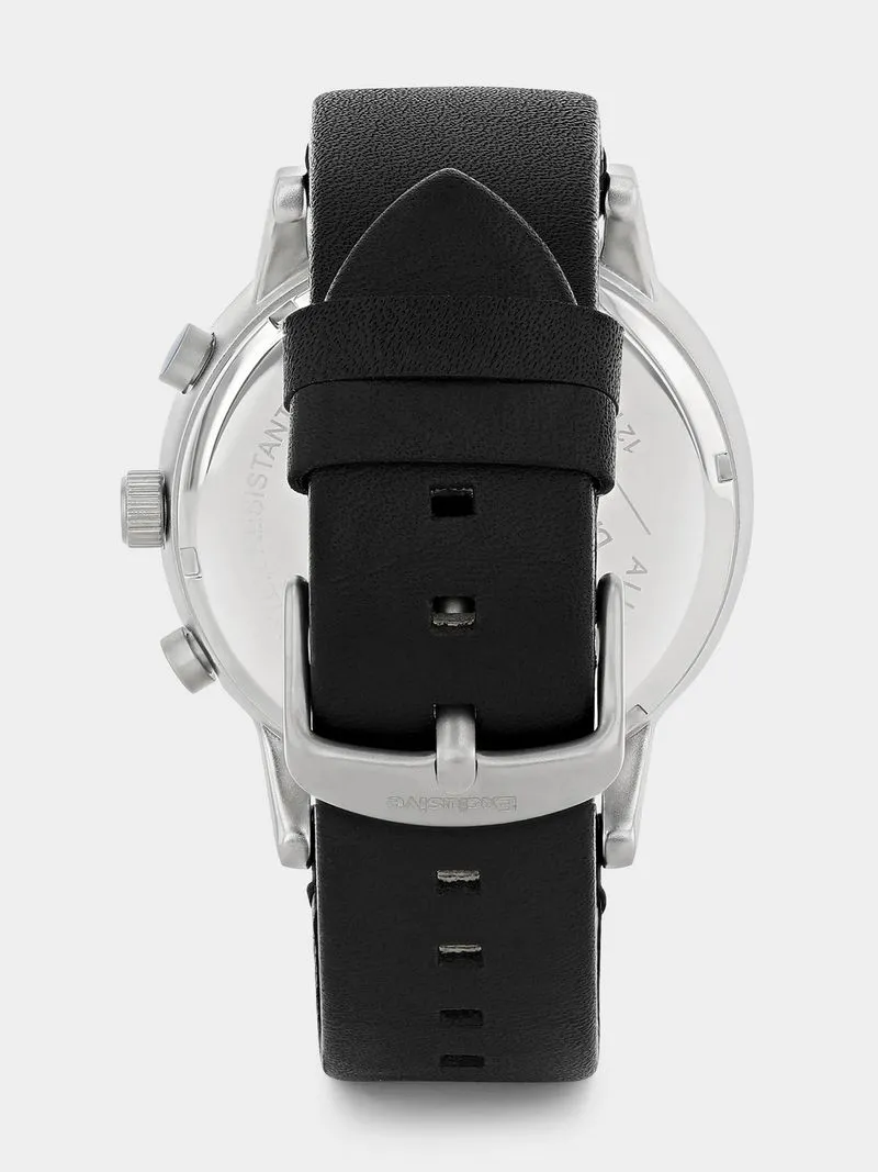Daniel Klein Silver Plated White Dial Black Leather Chronographic Watch