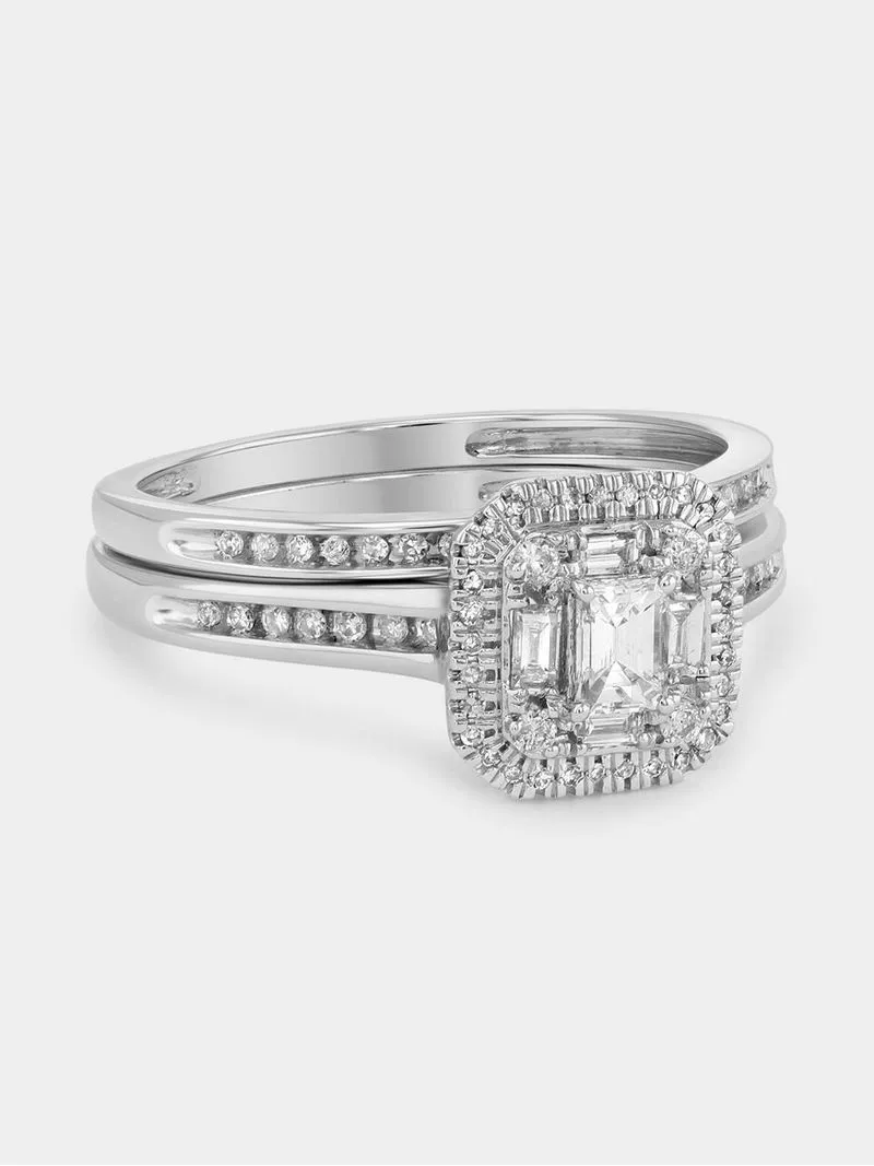 White Gold 0.52ct Diamond Emerald-Cut Halo Twinset Ring