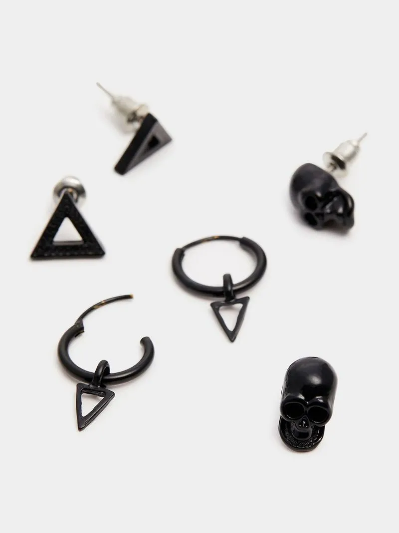 Men's Markham Skull and Triangle Black Earring Pack