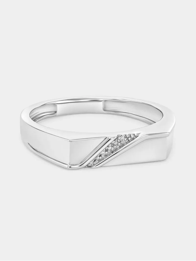 Sterling Silver Diamond Diagonal Detail Flat Top Ring