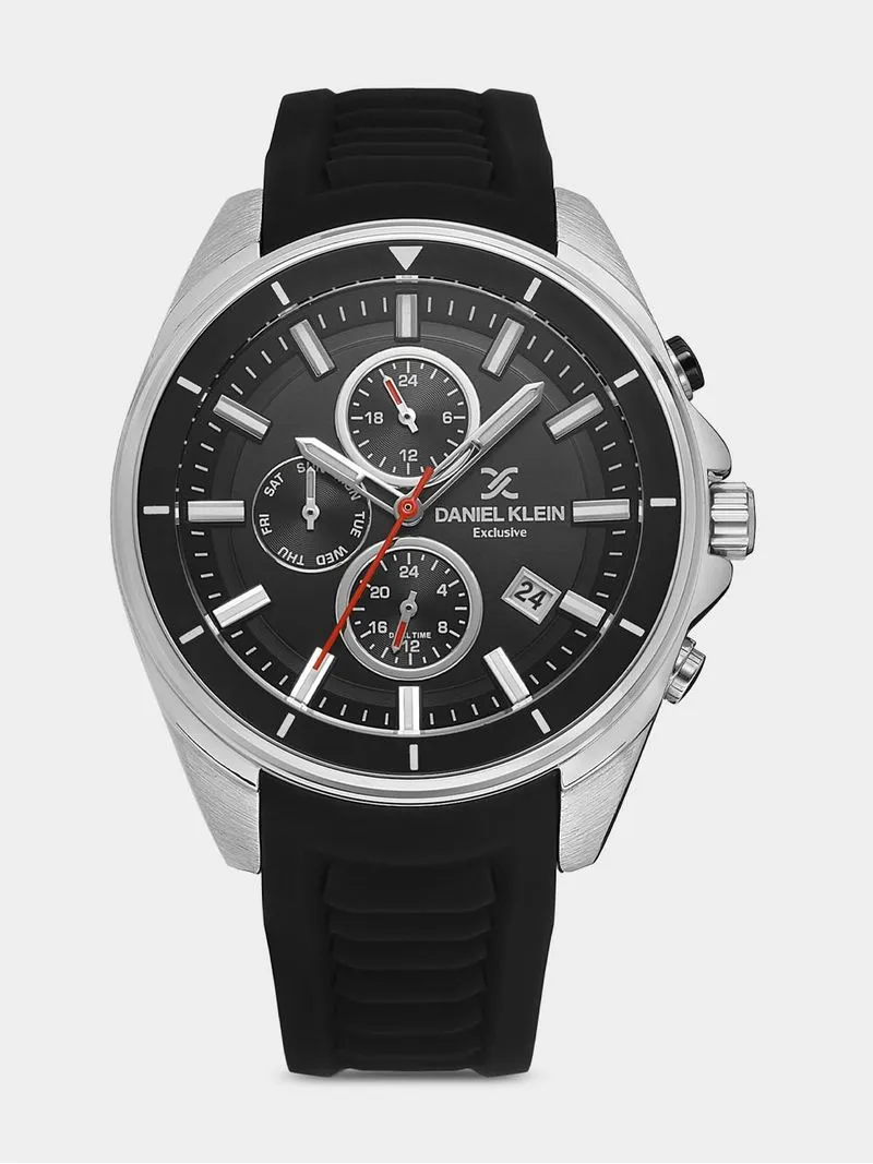 Daniel Klein Silver Plated Chronographic Black Silicone Watch