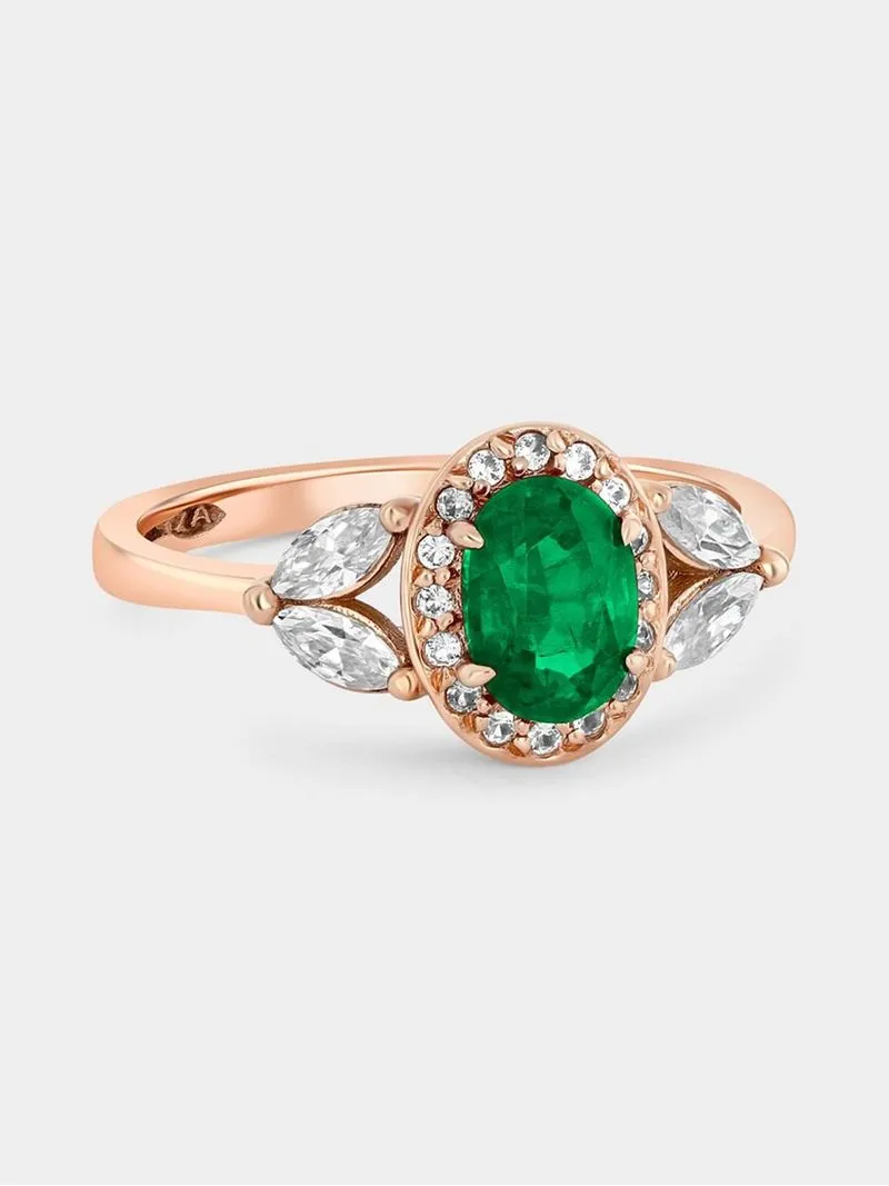 Rose Gold Lab Grown Emerald & Moissanite Women’s Oval Halo Marquise Ring