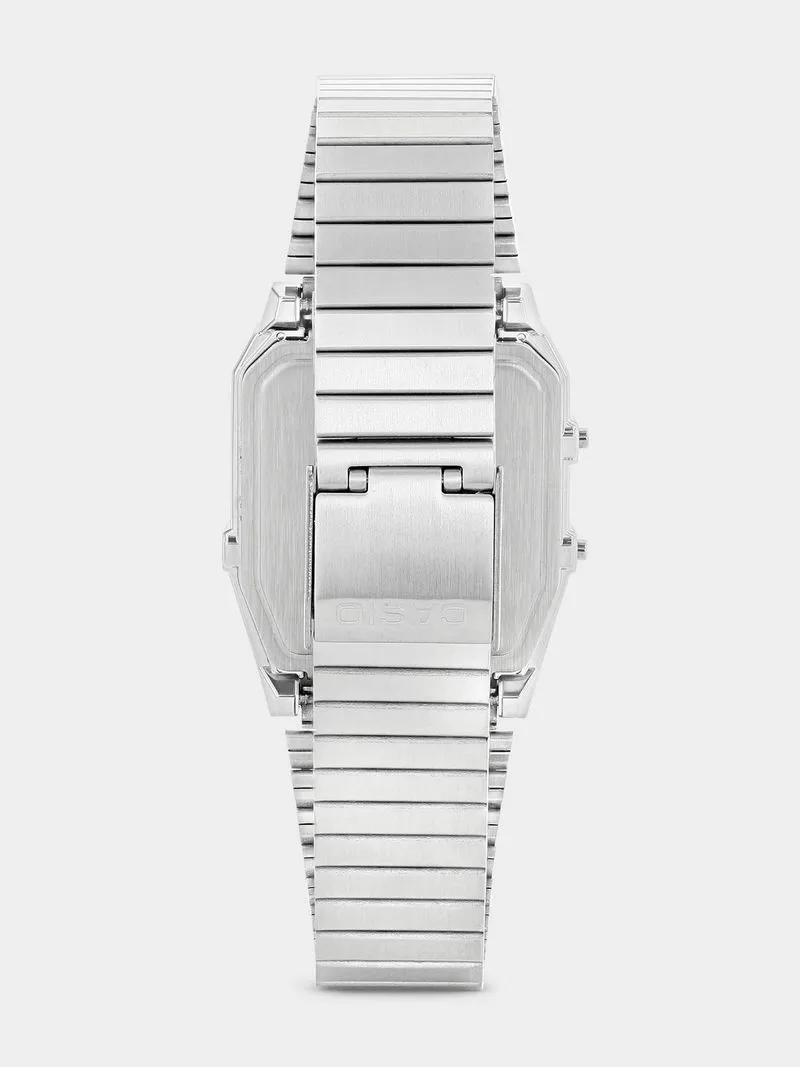 Casio Chrome Plated Rectangle Black Ana Digi Bracelet Watch