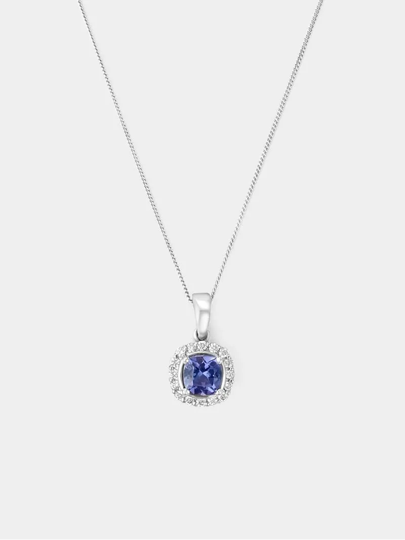 White Gold 0.25ct Diamond & Tanzanite Cushion Halo Pendant