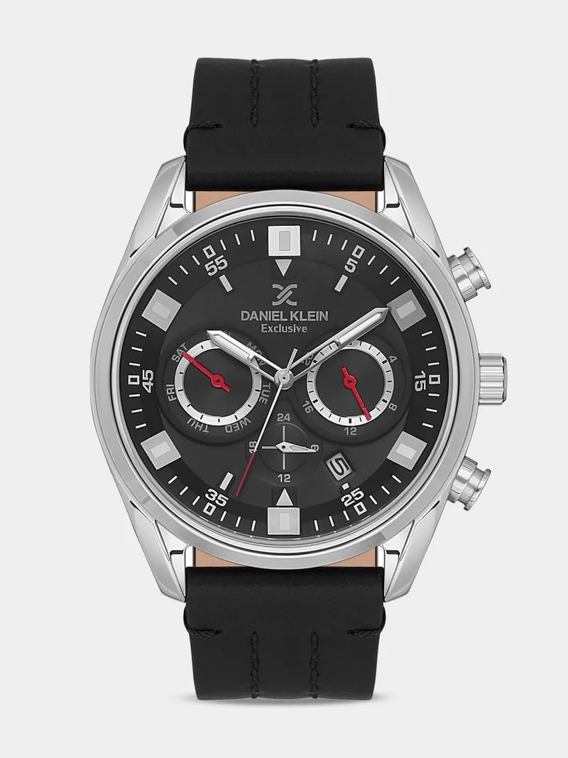 Daniel Klein Silver Plated Black Leather Chronographic Watch