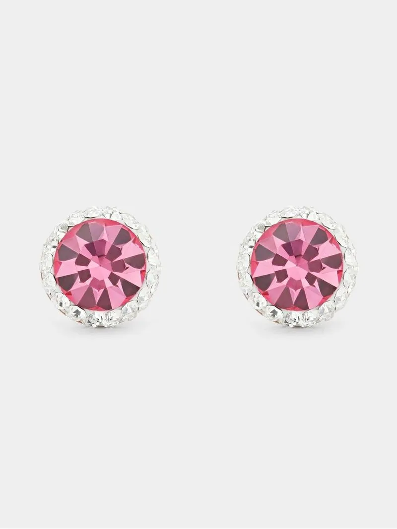 Rose Gold & Sterling Silver Pink Crystal Women’s Halo Stud Earrings