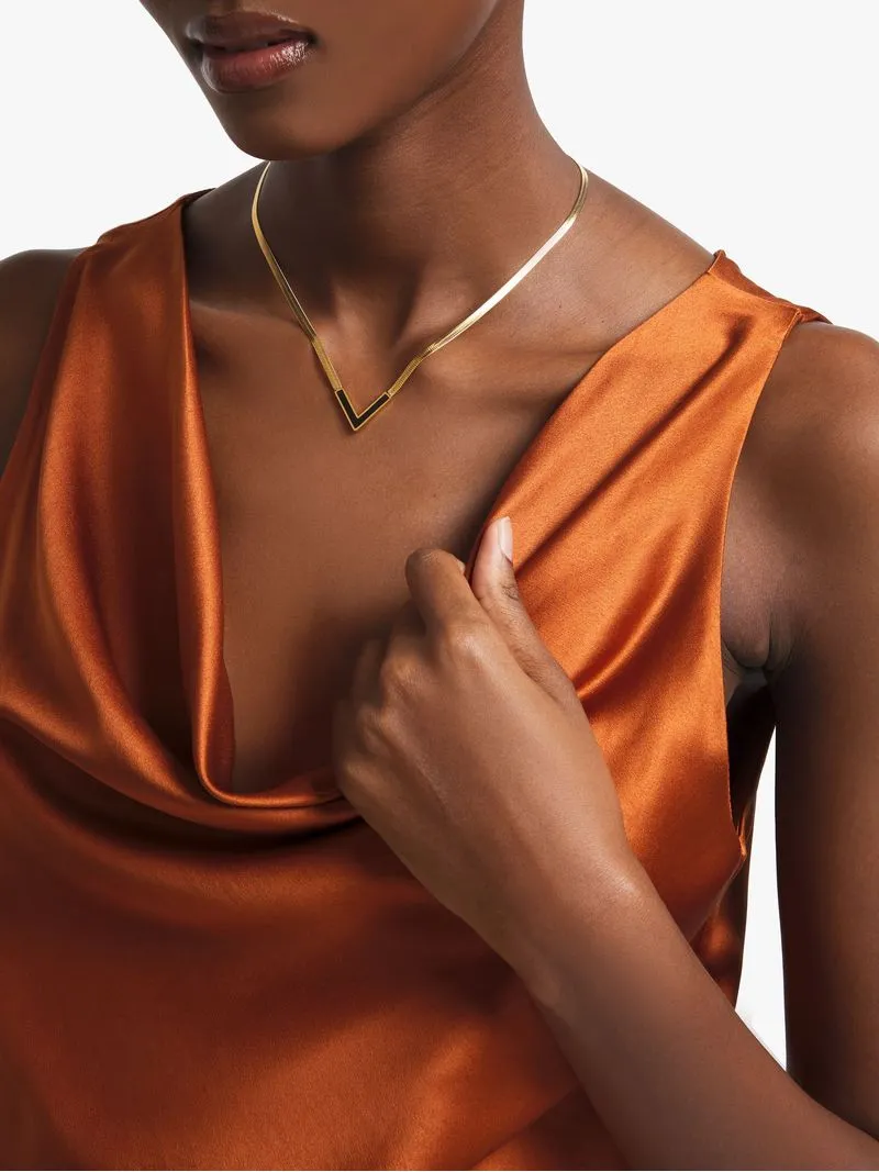 Stainless Steel 18ct Gold Plated Waterproof Black V-Detail Snake Chain