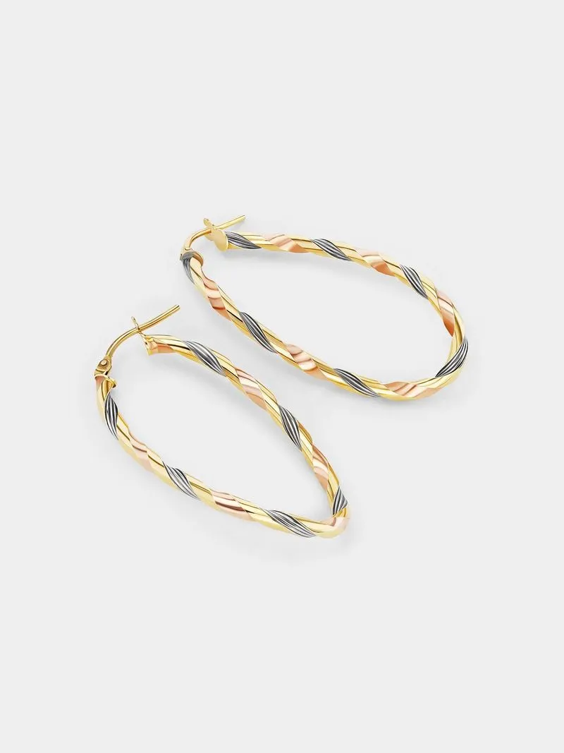 Yellow, Rose & White Gold Tricolour Twisted Oval Hoop Earrings